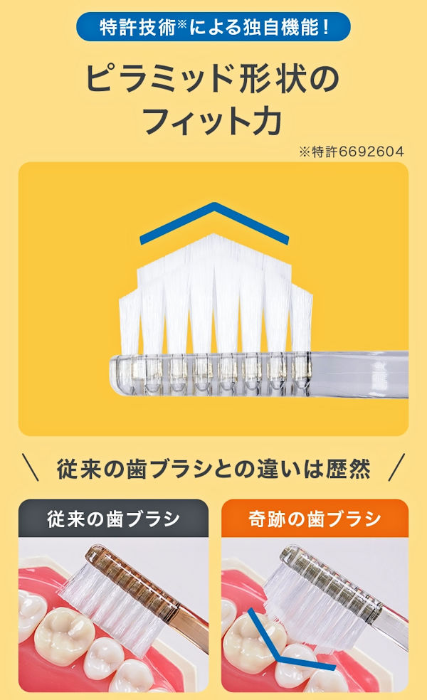 特許技術による独自機能！ピラミッド形状のフィットカ　従来の歯ブラシとの違いは歴然